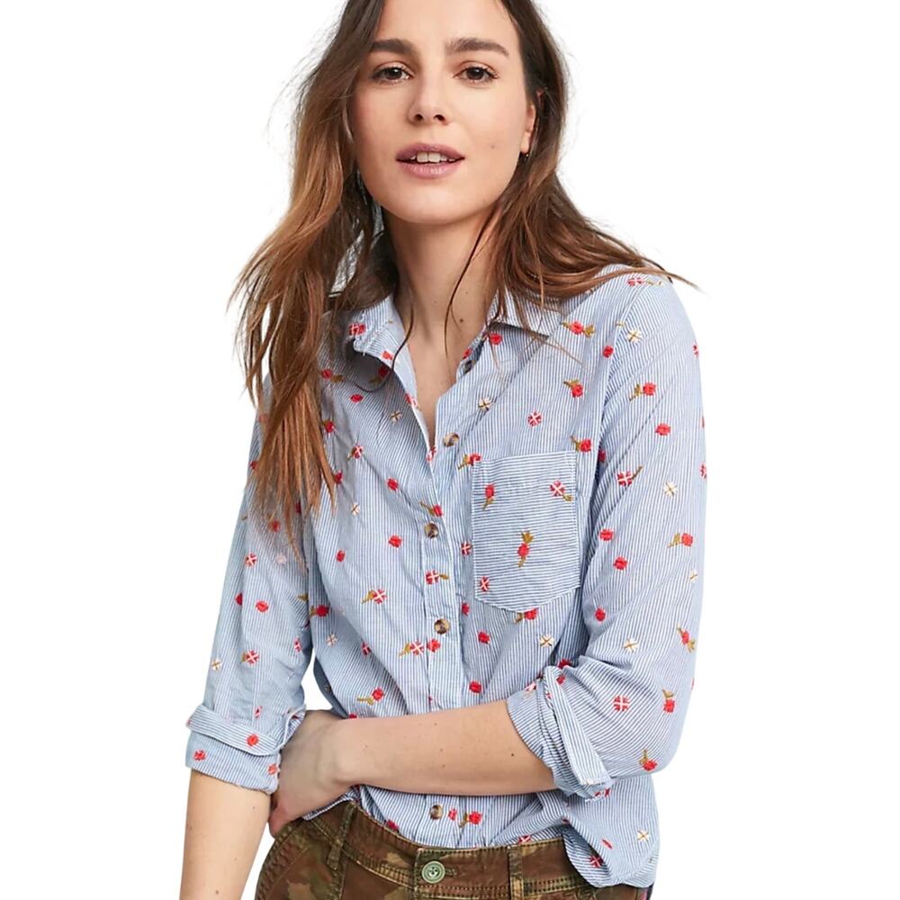 ANTHROPOLOGIE MAEVE Women’s Blue Striped Floral Embroidered Button Up